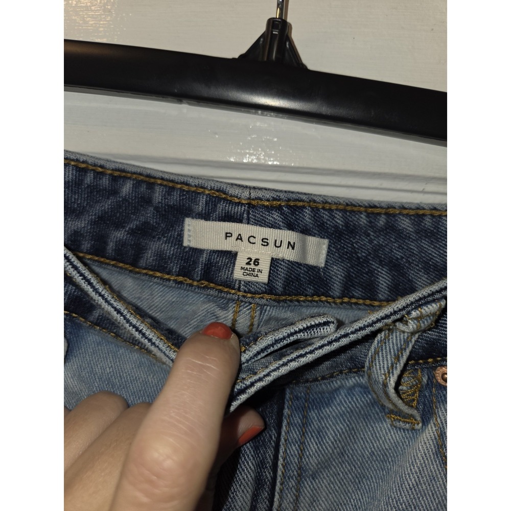 Women's PacSun Blue Denim Mini Skirt Short Patchwork Pockets Regular 26 - Picture 2 of 3